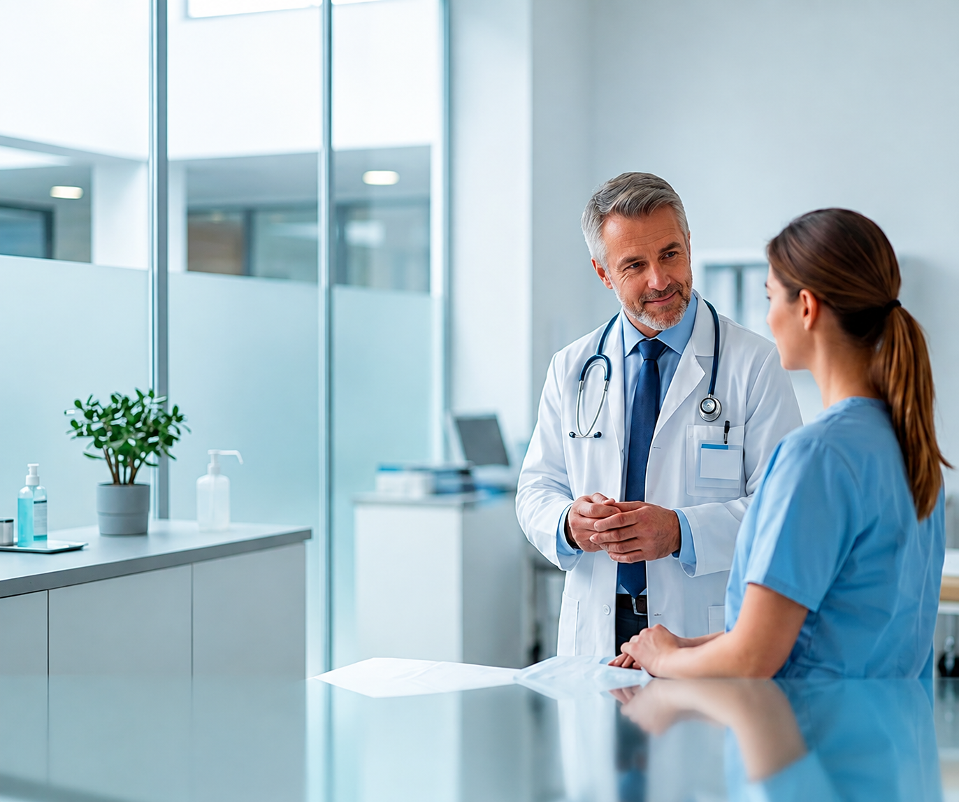 Médico conversando con una profesional en un entorno clínico