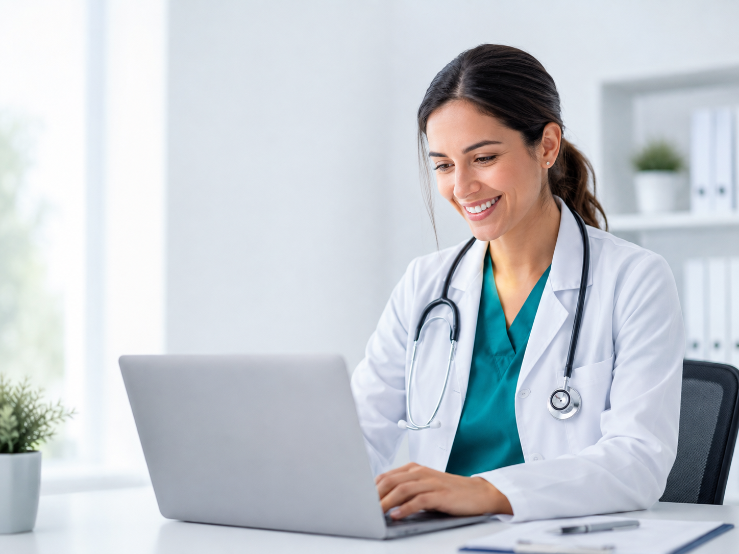 Médica utilizando una computadora en un entorno clínico